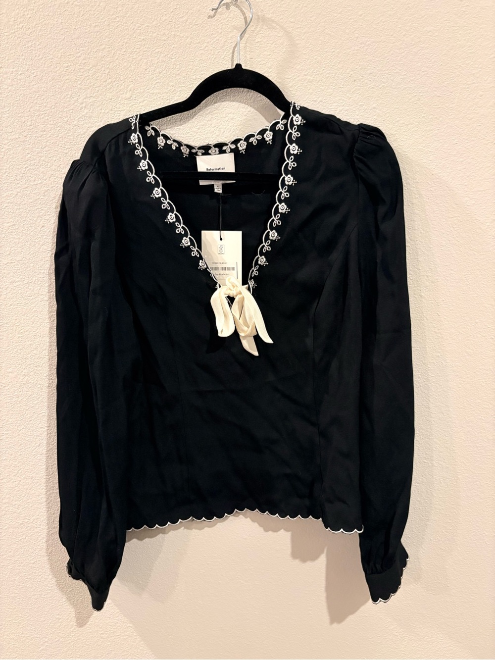 Reformation Black V-Neck Blouse with White Trim and Tie